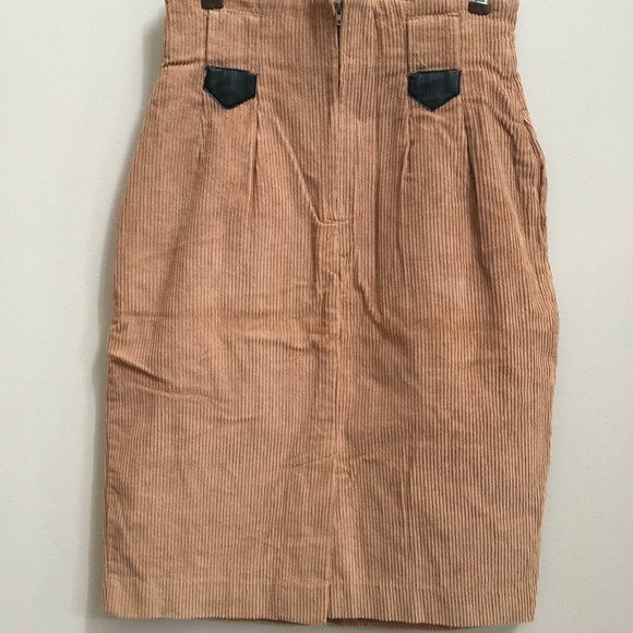Vintage Corduroy Brown Pencil Skirt with Black Features, Belt Loops + Pockets - Picture 2 of 5